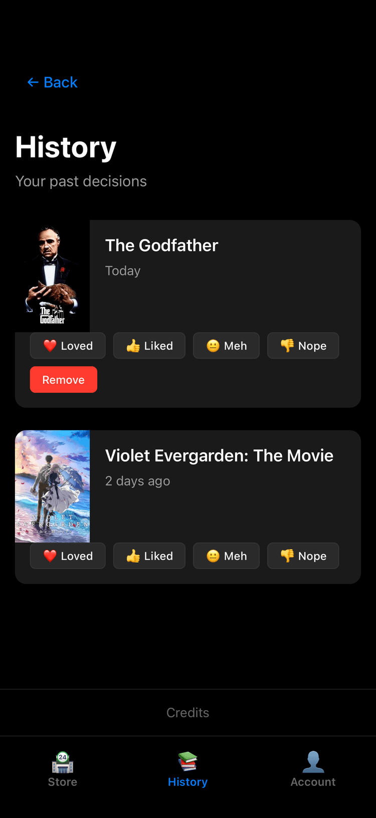 ShelfReel history screen